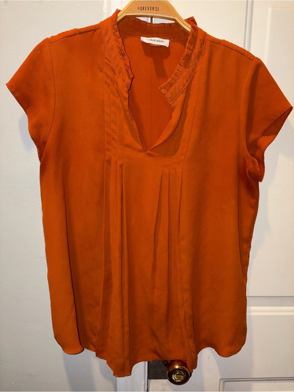 Calvin Klein Orange Cap-Sleeve Pleated V-Neck Blouse